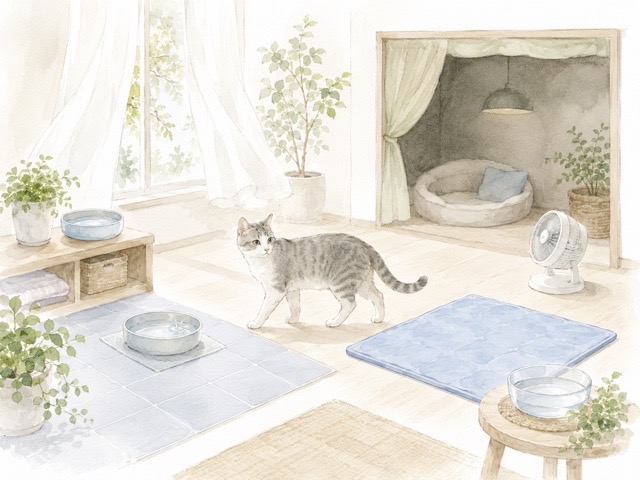 エアコンなしの室内で水皿やカーテンを使って暑さ対策する猫のイラスト