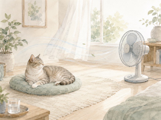 扇風機の風から少し離れて過ごす猫のイラスト