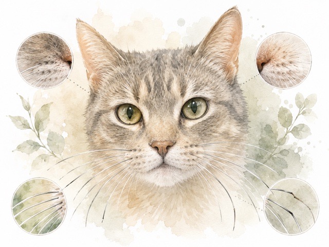 ヒゲの本数や左右差、顔まわりの状態を確認する猫のイラスト