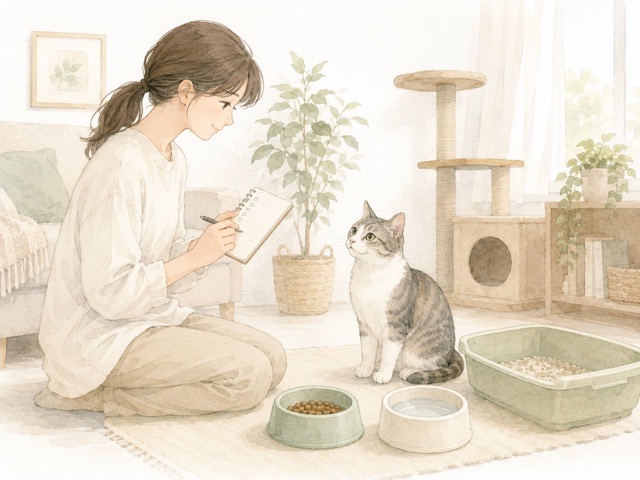 保護猫のごはん、水、トイレの様子を確認している水彩イラスト