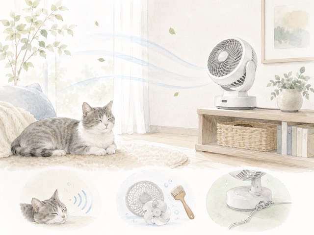 猫がいる家庭でのサーキュレーター選びのポイントを表したイラスト