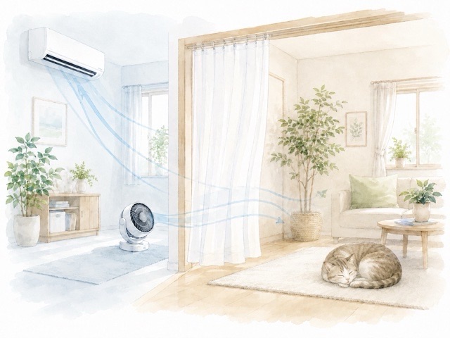 エアコンの冷気を隣の部屋へ送り猫が場所を選べるようにしたイラスト