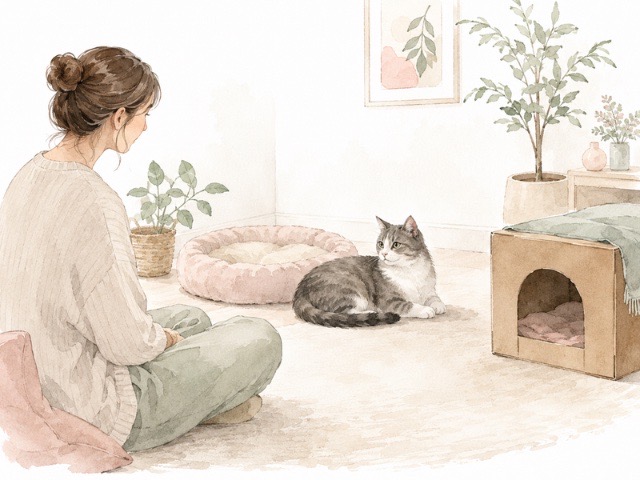 保護猫が少し安心して、飼い主の近くで過ごしている水彩イラスト