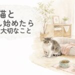 保護猫と暮らし始めたばかりの室内で、猫をそっと見守る様子の水彩イラスト