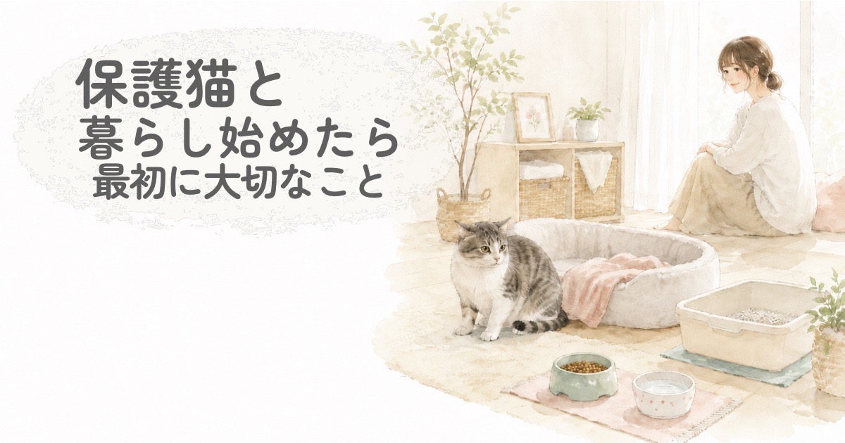 保護猫と暮らし始めたばかりの室内で、猫をそっと見守る様子の水彩イラスト