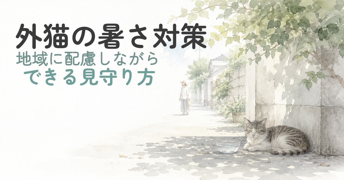 夏の日陰で休む外猫をそっと見守る水彩イラスト
