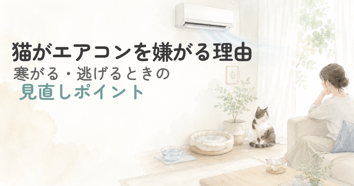 猫がエアコンの風を避けながら室内で過ごしている様子のイラスト