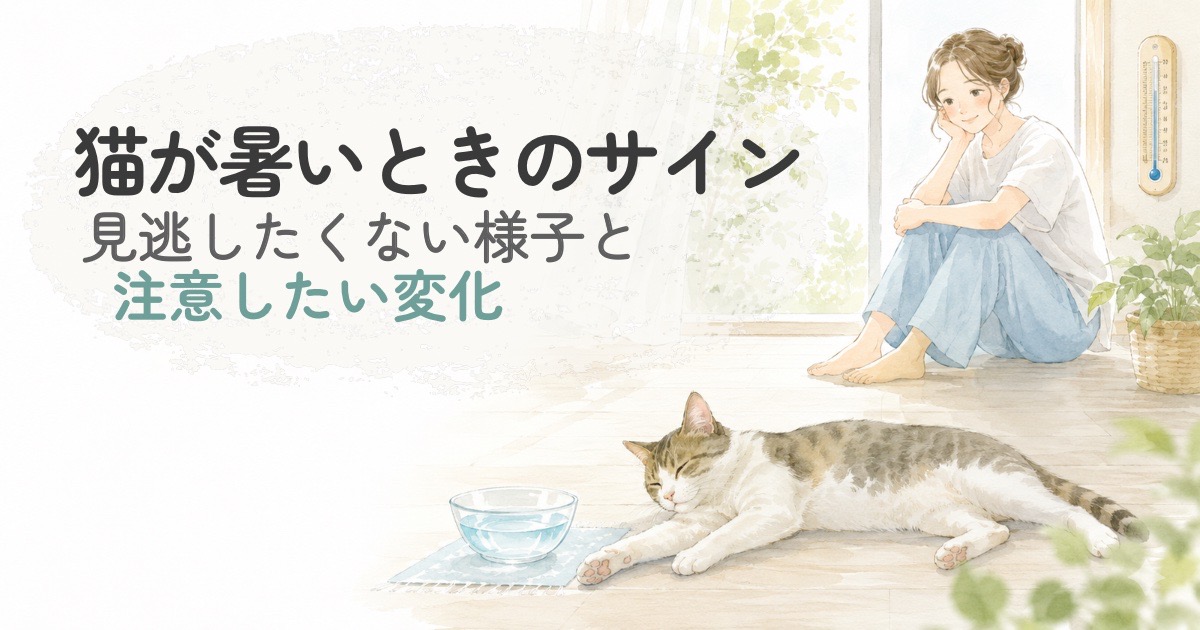 暑い日にフローリングで伸びる猫を見守る水彩イラスト