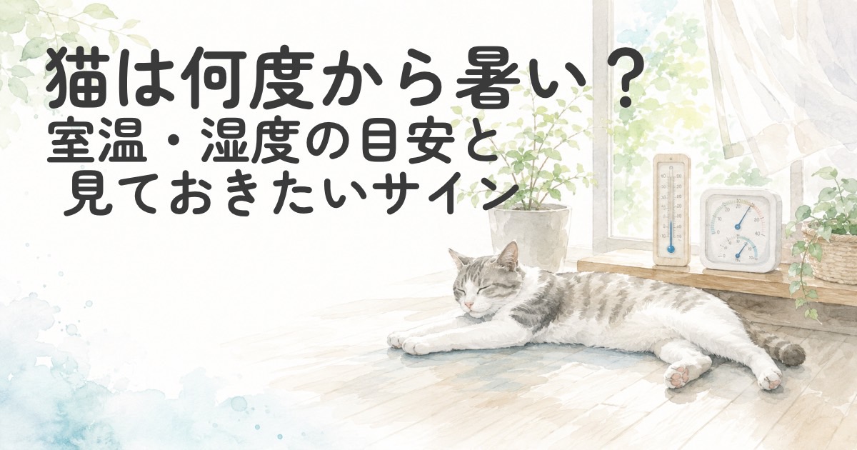 室温計と湿度計のそばで、夏の室内を快適に過ごす猫のイラスト