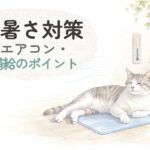 夏の室内で猫が涼しく過ごす暑さ対策のイラスト