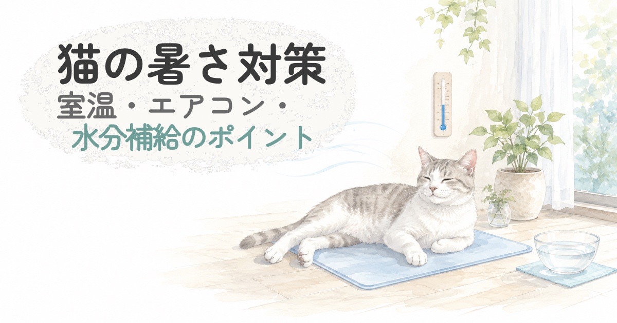 夏の室内で猫が涼しく過ごす暑さ対策のイラスト