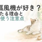 扇風機の近くで落ち着いて過ごす猫の水彩イラスト
