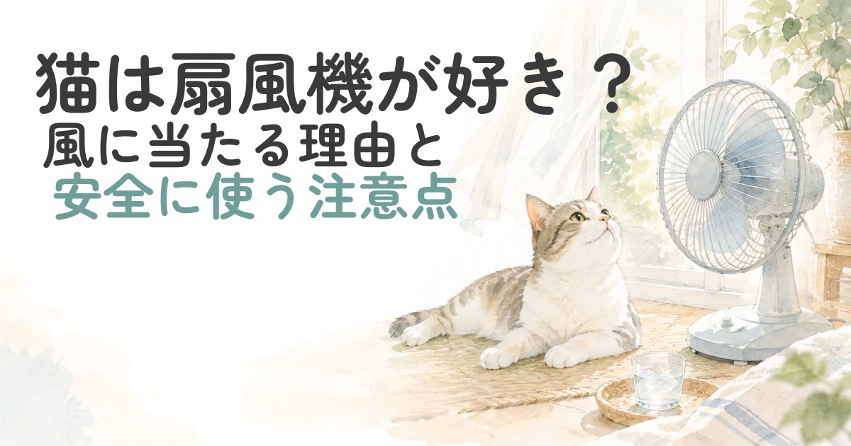 扇風機の近くで落ち着いて過ごす猫の水彩イラスト