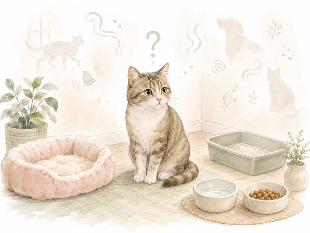 環境の変化に戸惑いペットホテルで緊張している猫のイラスト