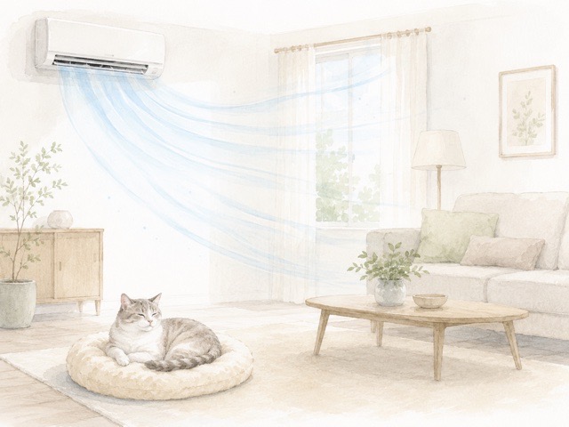 エアコンの直風を避けて猫がくつろぐイラスト