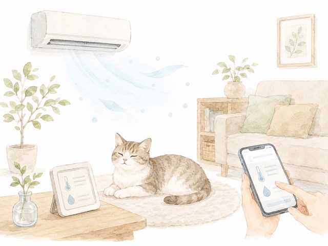 留守番中の猫とエアコンの室温管理を表したイラスト