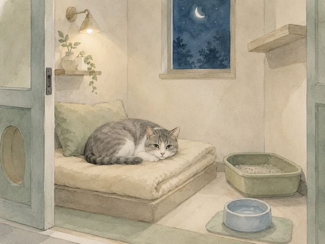 夜のペットホテルの個室で静かに休む猫のイメージ