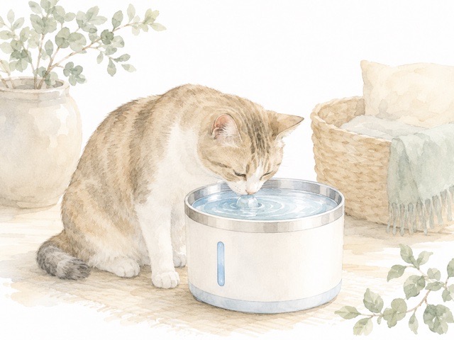 コードレス給水器の近くで水を飲む猫のイラスト