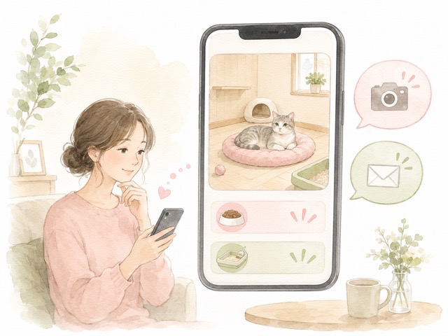 ペットホテルで過ごす猫の様子をスマートフォンで確認するイメージ