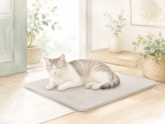 珪藻土マットの近くでくつろぐ猫のイラスト