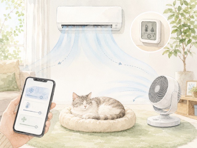 猫のいる家でエアコン選びのポイントを表したイラスト