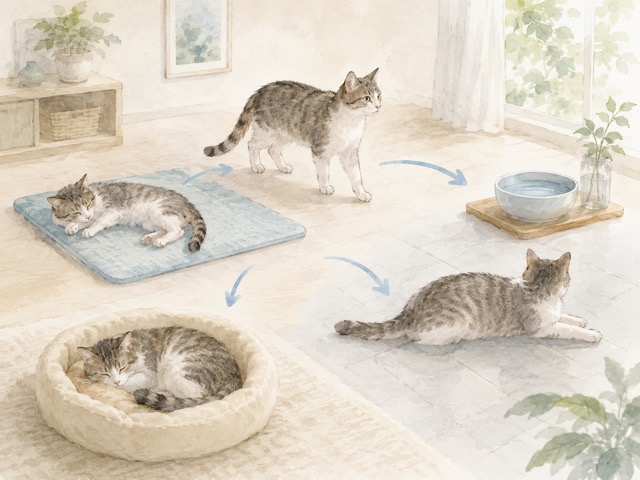 猫が涼しい場所や水飲み場を自分で選んでいるイラスト