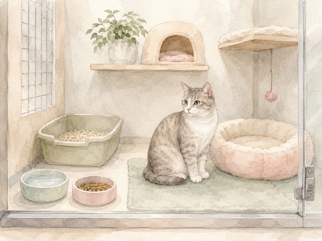 ペットホテルの部屋でベッドやトイレのそばで過ごす猫のイメージ