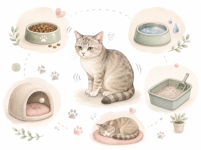 猫の食欲低下や隠れる様子などストレスサインを示したイラスト