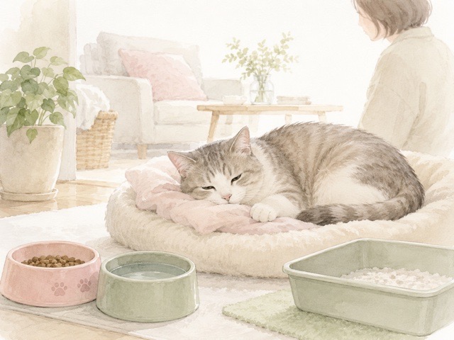 ペットホテルから帰宅した猫を静かに見守る様子のイラスト