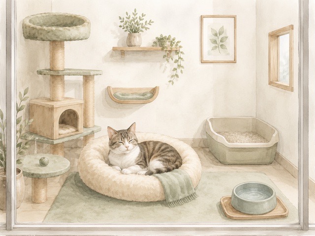個室で落ち着いて過ごす猫のイメージ