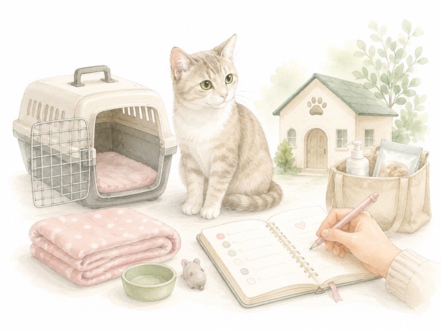 ペットホテルへ預ける前の準備をイメージした猫とキャリーのイラスト