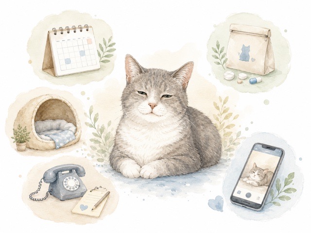 シニア猫向けペットホテルで確認したいポイントを示す水彩イラスト