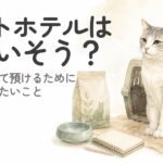猫をペットホテルに預ける前に考えたいことを表した水彩イラスト