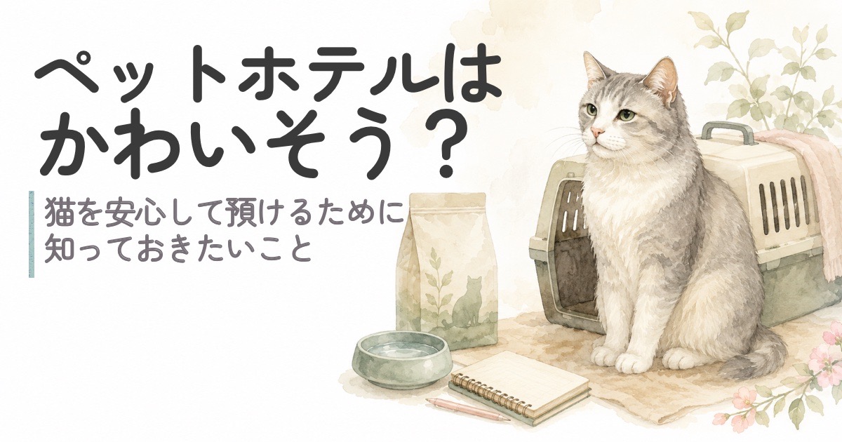 猫をペットホテルに預ける前に考えたいことを表した水彩イラスト