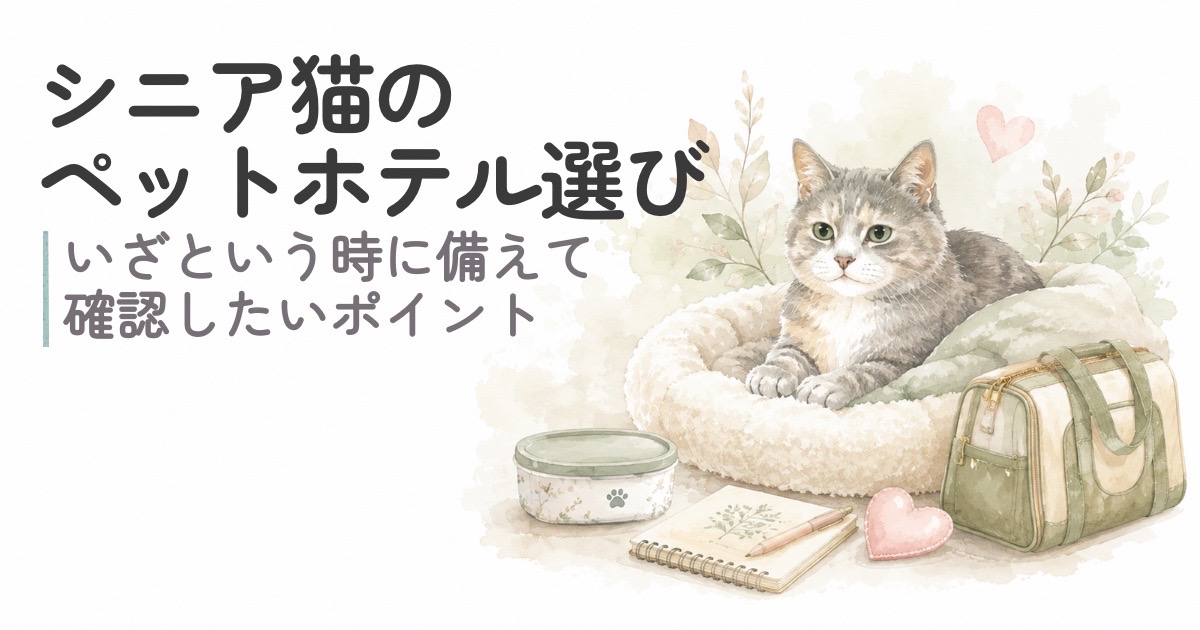 シニア猫のペットホテル選びをイメージしたやさしい水彩イラスト