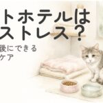 ペットホテルの個室で少し緊張した様子の猫を描いたイラスト
