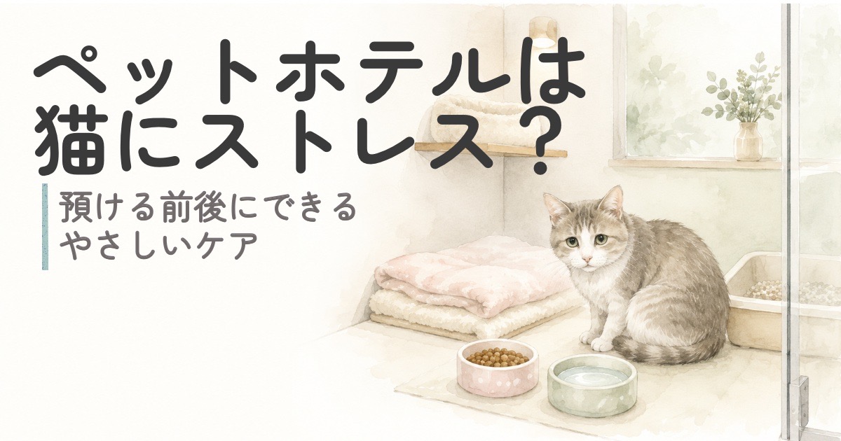 ペットホテルの個室で少し緊張した様子の猫を描いたイラスト