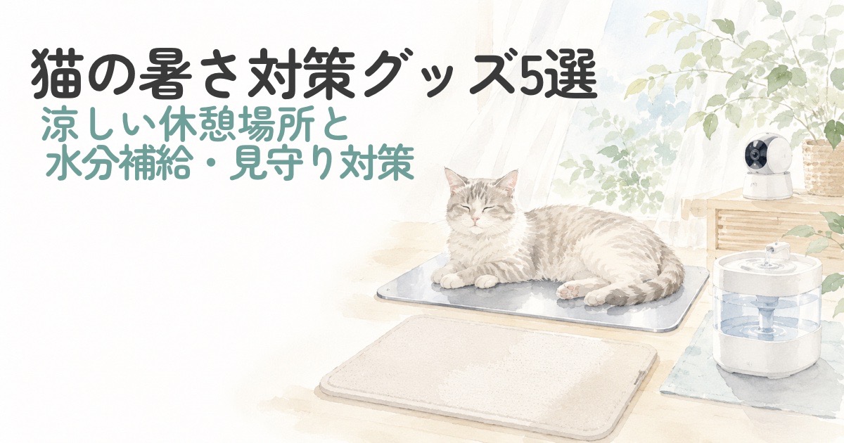 猫の暑さ対策グッズと涼しい休憩場所のイラスト