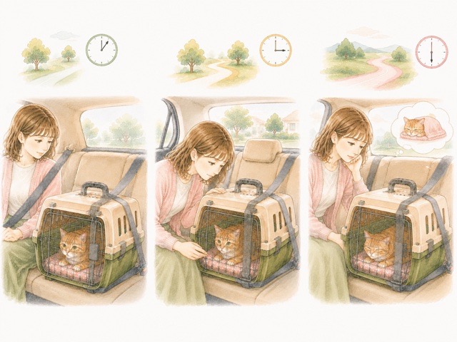 短時間から長時間まで猫の車移動の考え方を示す3場面のイラスト