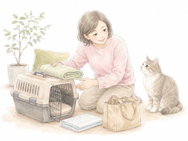 シニア猫の移動前にキャリーやタオルを準備するイメージ