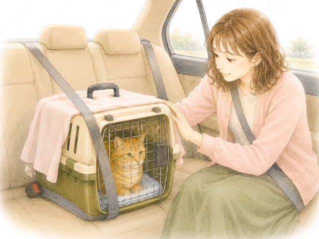 車内で猫用キャリーをシートベルトで固定しているイラスト