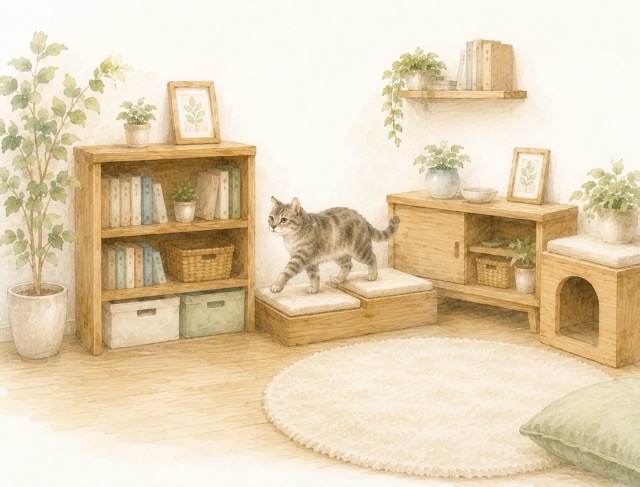 本棚や収納棚、ステップ付き家具をゆっくり移動するシニア猫のイラスト