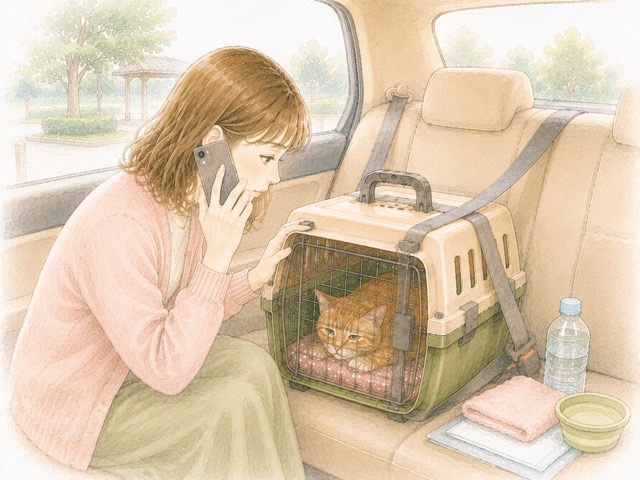車移動中の猫の体調変化に気づき動物病院に電話する飼い主