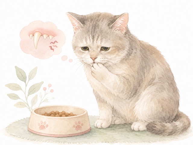 口元を気にしながらフードの前にいるシニア猫のイメージ