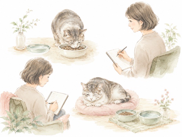 シニア猫の食べ方や体調の様子を飼い主が確認しているイメージ