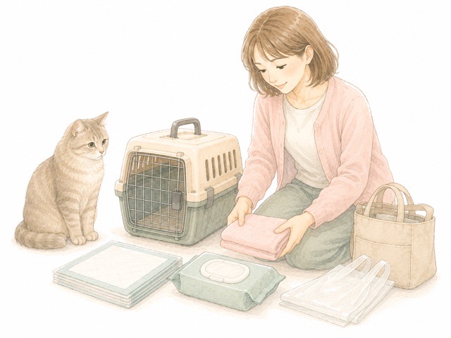 タクシー移動に備えて必要なものを準備する様子