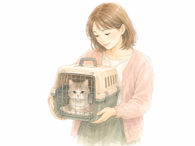 キャリーに入ったシニア猫を持って移動する様子