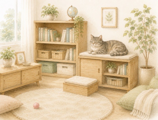 本棚や収納棚のある部屋で安心してくつろぐシニア猫のイラスト