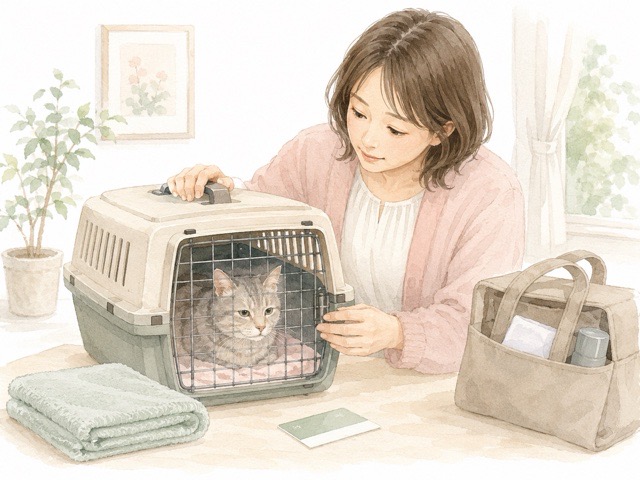 シニア猫を動物病院へ連れて行く準備をする飼い主のイメージ