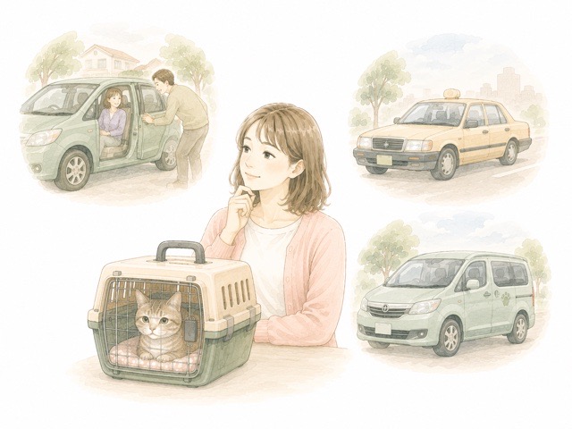 家族の車やタクシーなどシニア猫の通院手段を考える様子